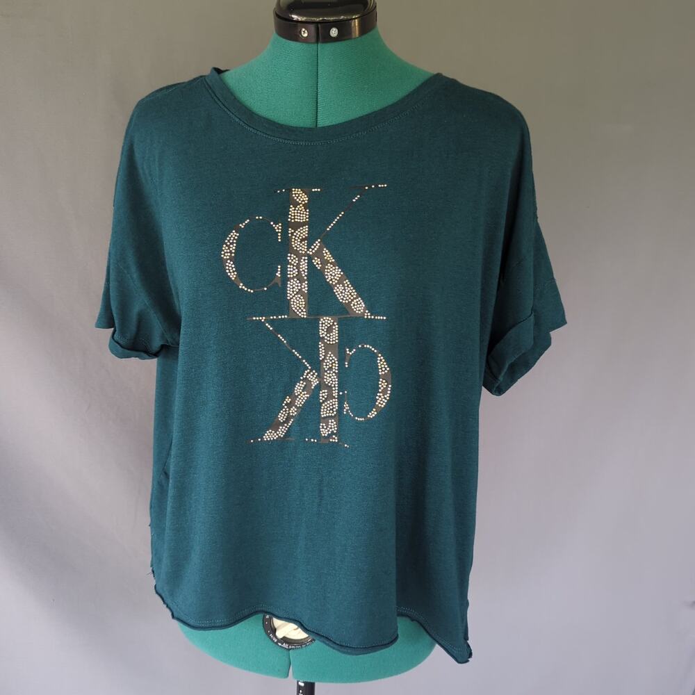 Calvin Klein Jeans CK Rhinestone Logo Tee XL Teal Y2K Boxy Relaxed Fit